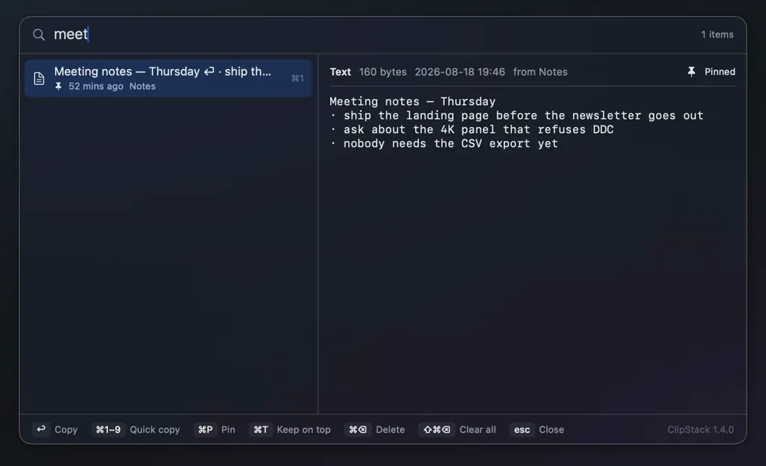 The ClipStack panel with a search term typed, narrowed to a single matching entry